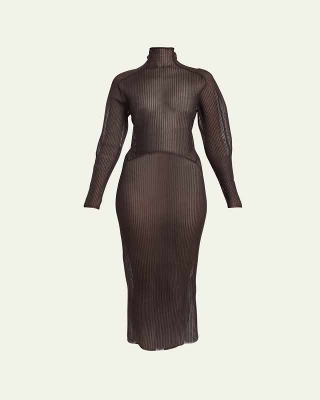 Long-Sleeve Sheer Mock-Neck Midi Dress